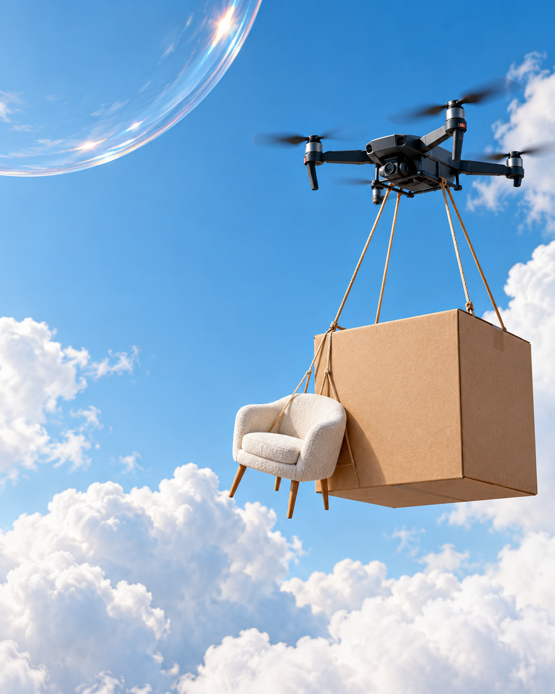 A drone carrying a plain unbranded delivery box across a bright blue sky