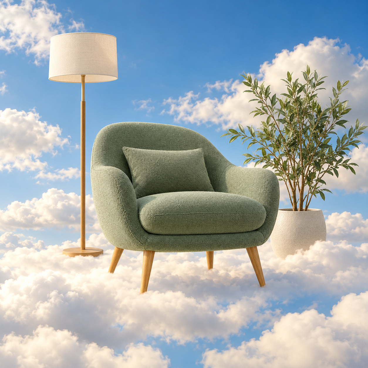 A sage lounge chair and lamp floating in a blue sky