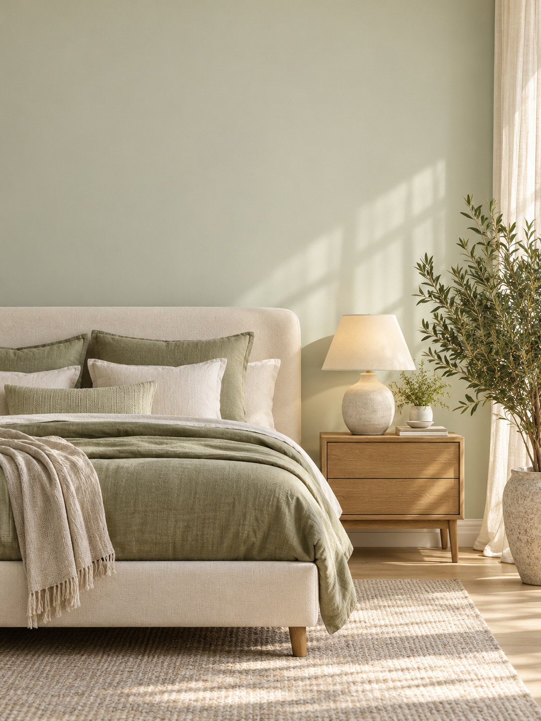 A sunlit sage and ivory bedroom with natural linen and timber furniture
