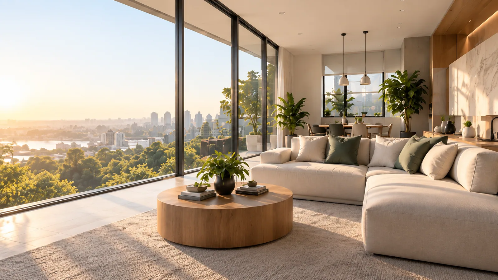 Sunlit furnished rental setup overlooking a green city