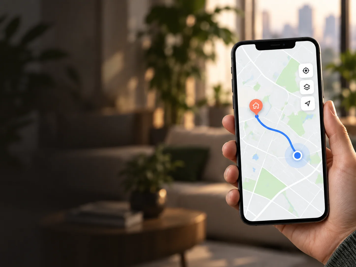 Hand holding the Rentova navigation app in a modern home