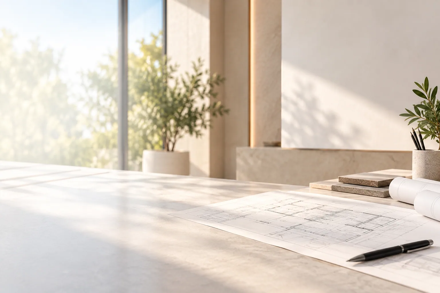 Bright architectural desk with building plans